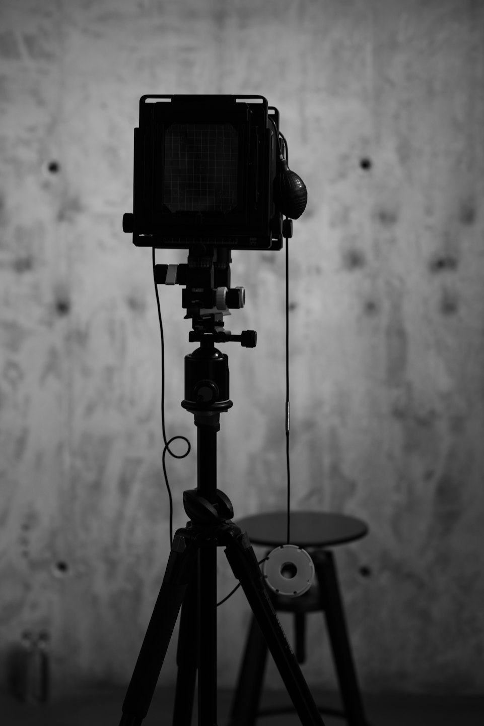 Large format film camera on a tripod in a studio.