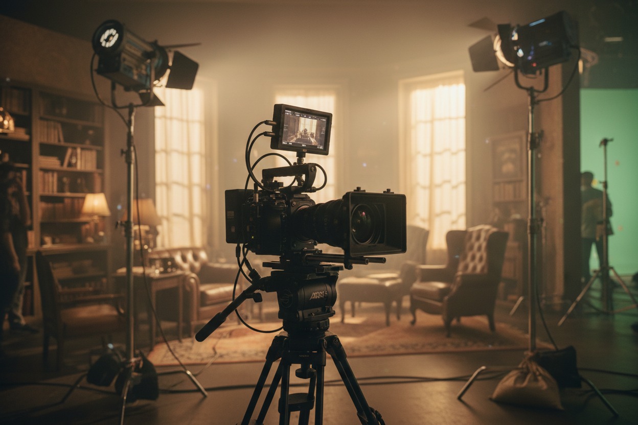 A professional video camera on a tripod is positioned in a dimly lit studio set arranged like a vintage living room.